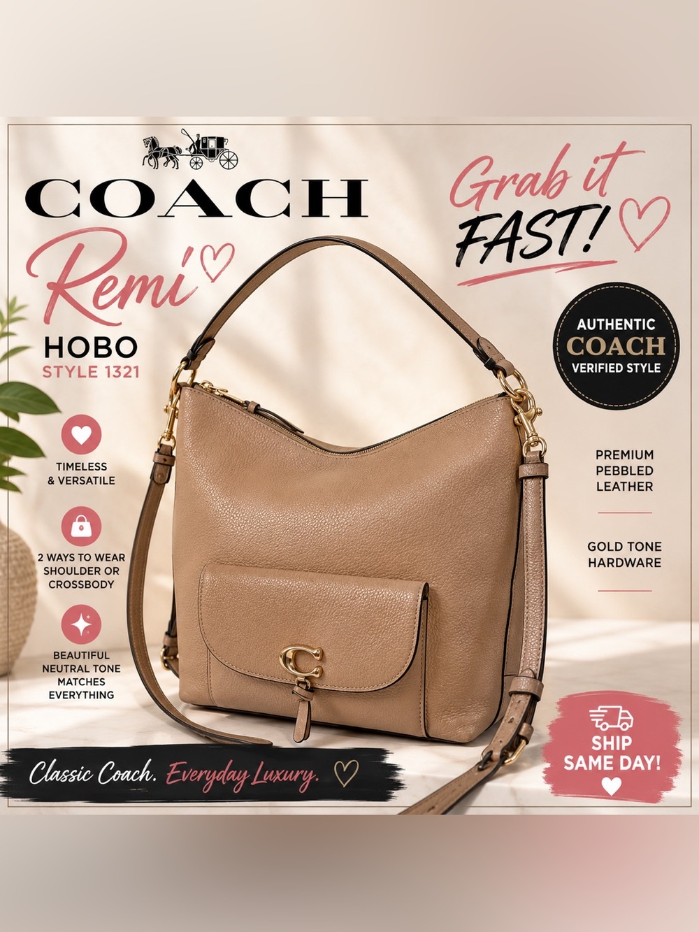 Coach Remi Hobo Taupe Pebble Leather Crossbody Bag 1321